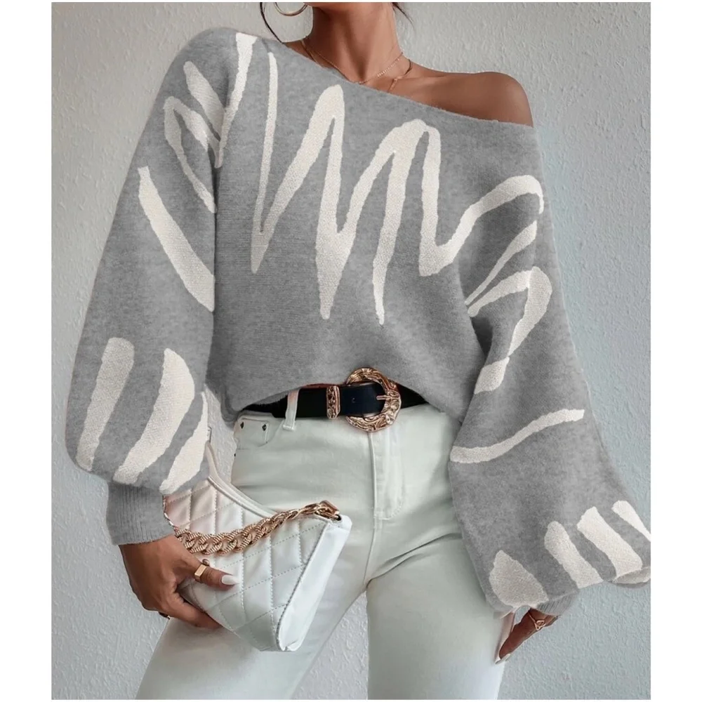 Cozy Print Balloon Sleeve Sweater Top - Picture 3 of 10